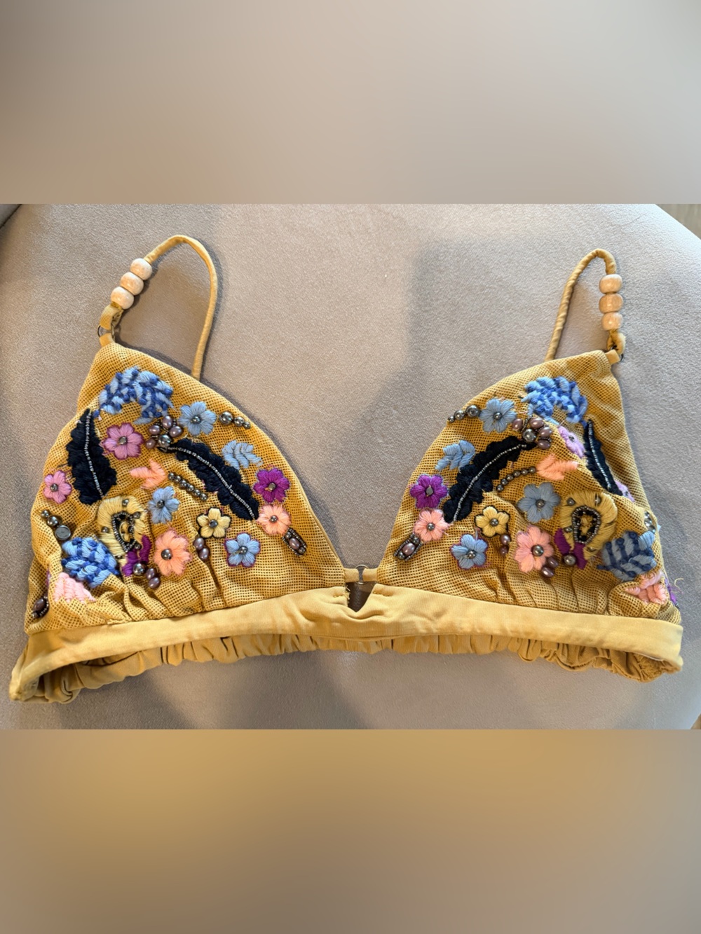 Embroidered Mustard Triangle Bralette with Floral Beading